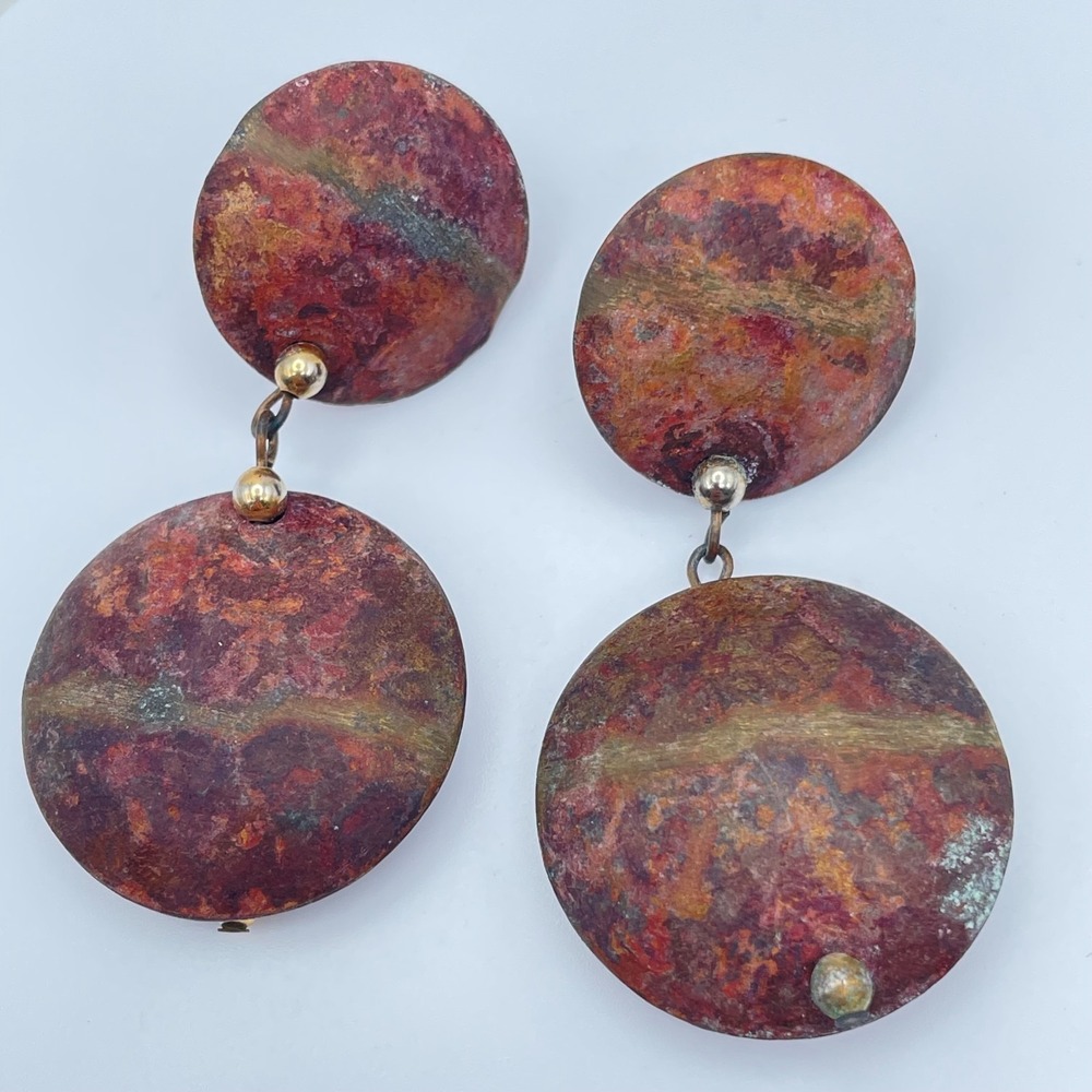 Vintage 80s Round Abstract Rust Enamel Dangle Earrings Modernist Boho Jewelry
